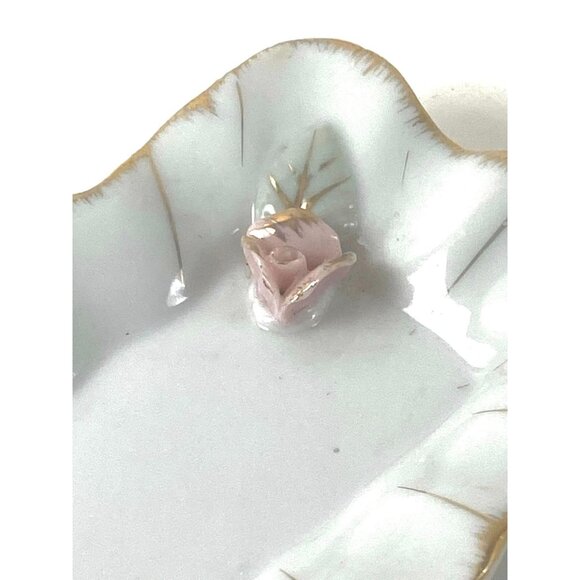 Vintage Porcelain Trinket Dish With Pink Rose & Gold Trim Rings Earrings Catchal - Picture 2 of 4